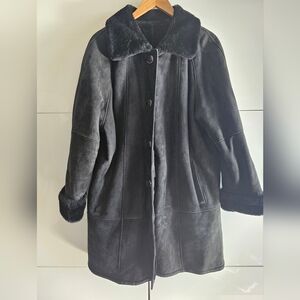 VTG Phil Leather Black Winter Real Suede Real Shearling Coat , Made in Canada